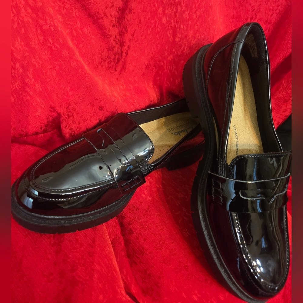 Clarks  Black Patent Slip-On Loafers